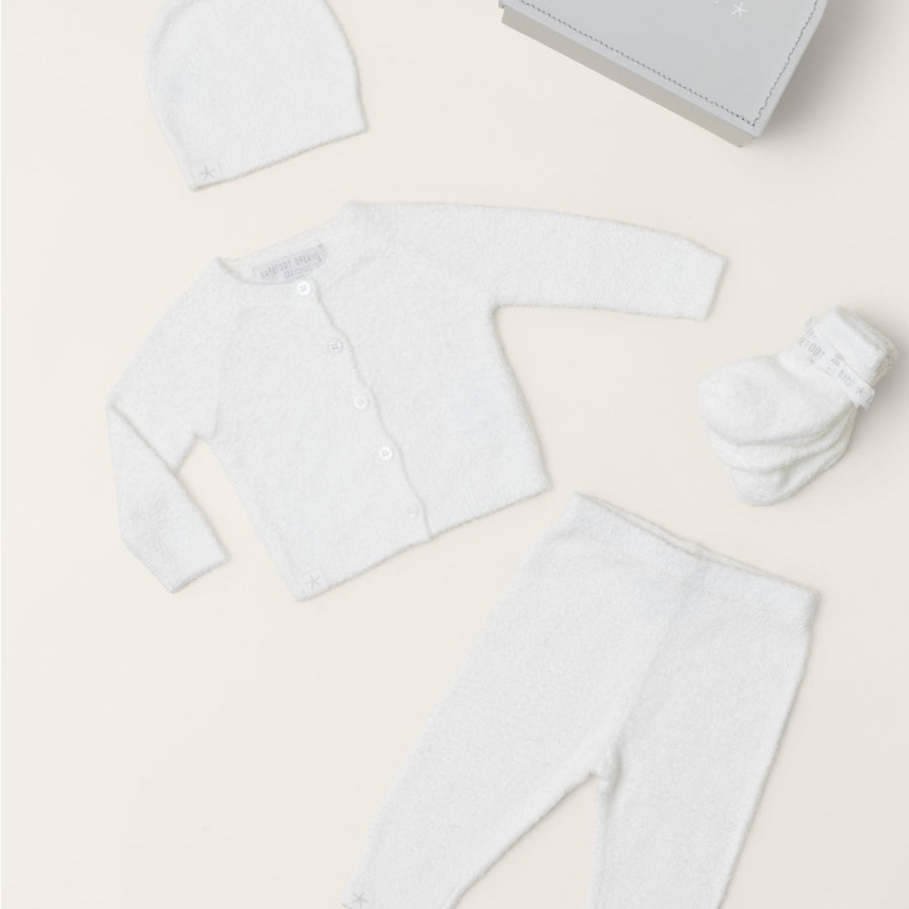 Barefoot Dreams Heirloom Cardigan Set Cozy White Baby Outfit Set socks and hat - Picture 2 of 3